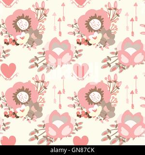 Elegant seamless pattern with blossom flowers, hearts and arrows Stock Vector