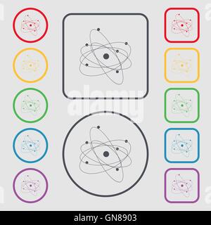 physics, atom, big bang icon sign. symbol on the Round and square buttons with frame. Vector Stock Vector