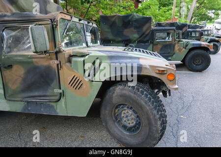 Military Trucks Parked at Camp Buckner at the United States Military Academy, West Point, NY, USA Stock Photo