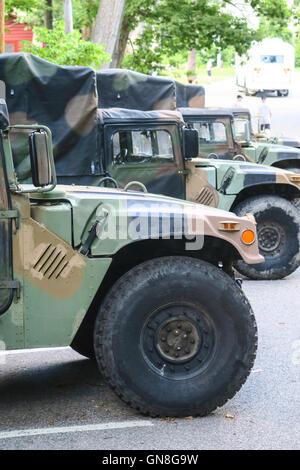 Military Trucks Parked at Camp Buckner at the United States Military Academy, West Point, NY, USA Stock Photo