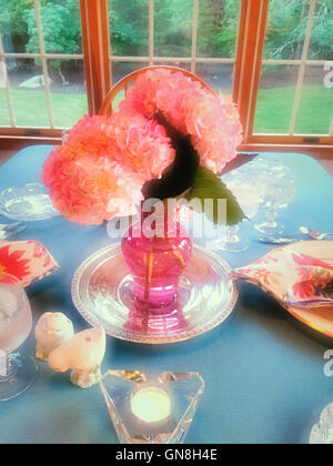 Tablesetting with Hydrangeas Centerpiece Stock Photo