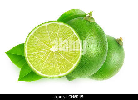 Isolated limes. Cut lime fruits isolated on white background with clipping path Stock Photo