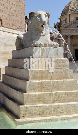 ROME, ITALY - 3 JULY 2016: One of the Egyptian-style lion fountains added around the obelisk of Rameses II in Piazza del Popolo Stock Photo