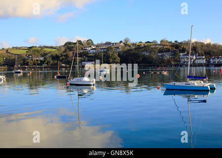 Yachts moored in the Penryn River, looking across to Flushing from Falmouth, Cornwall, England, UK. Stock Photo