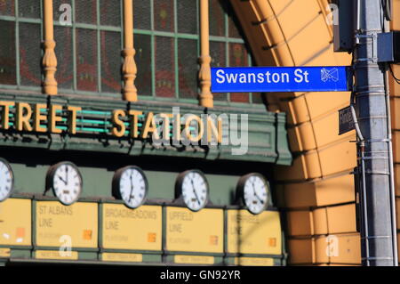 Swanston Street and Flinders Street Station in Melbourne Australia Stock Photo