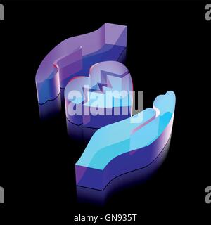 Insurance icon: 3d neon glowing Heart And Palm made of glass, vector illustration. Stock Vector