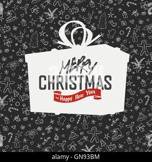 Merry Christmas Lettering on Gift Box Silhouette. On hand drawn Stock Vector