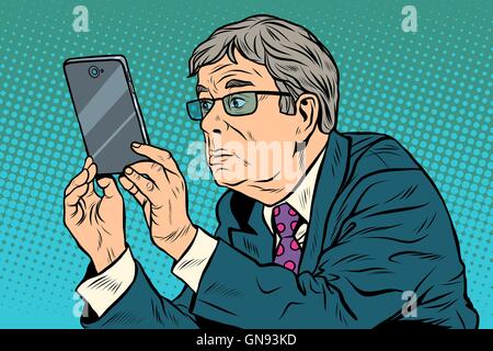 The funny man taking pictures with smartphone Stock Vector