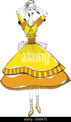 The girl in tribal dress. Boho and gypsy style.  Linear pattern on a white background.  For t-shirts print, phone case, posters, Stock Vector