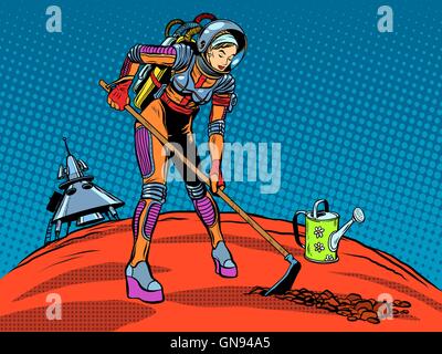 Girl astronaut ecology plant care planet Stock Vector