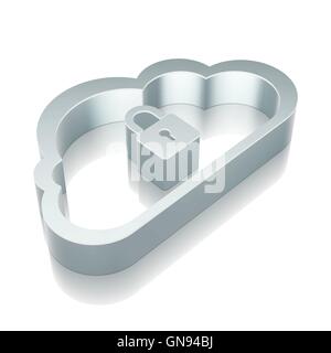 3d metallic Cloud With Padlock icon with reflection, vector illustration. Stock Vector