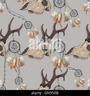 Seamless pattern with deer skull and dreamcatcher. Profile view. Stock Vector