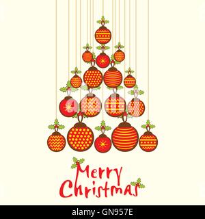 merry christmas tree design by hanging ball greeting card design vector Stock Vector