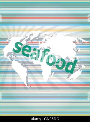 seafood word on a virtual digital background vector quotation marks with thin line speech bubble. concept of citation, info, tes Stock Vector