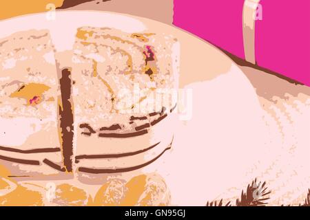 sweet cake on white plate and fruits vector illustration Stock Vector