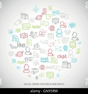 Social media Multicolor doodles Hand Drawn Social Network Icons set on White. EPS10 vector illustration. Stock Vector