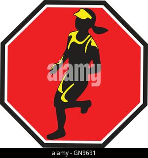 Female Marathon Runner Octagon Retro Stock Vector