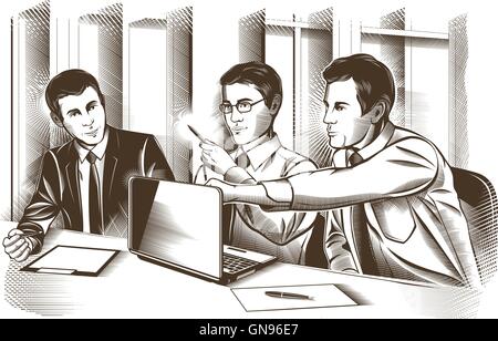 Business partners discussing documents and ideas at meeting. Engraved Vector Stock Vector