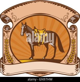 Horse Western Saddle Scroll Woodcut Stock Vector