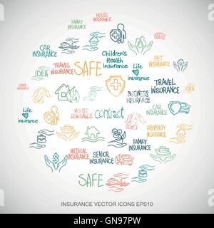 Multicolor doodles Hand Drawn Insurance Icons set on White. EPS10 vector illustration. Stock Vector
