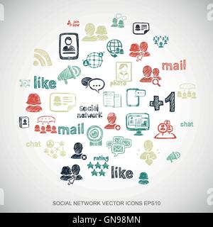 Multicolor doodles Hand Drawn Social Network Icons set on White. EPS10 vector illustration. Stock Vector