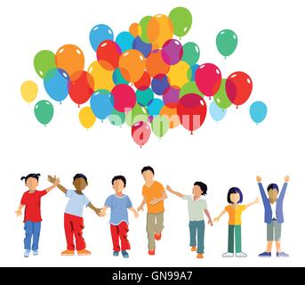 funny kids group with balloons Stock Vector