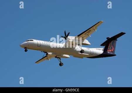 Brussels Airlines Bombardier Dash 8 approaching Birmingham Airport, UK (G-ECOI) Stock Photo