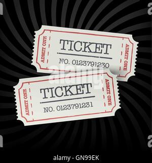 Two old-fashioned cinema tickets on dark sunburst monochrome bac Stock Vector