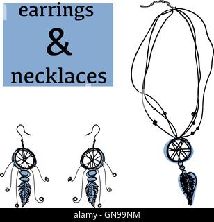 Boho accessories, bijouterie, necklace, earrings, set, sketch illustration, hand drawn Stock Vector