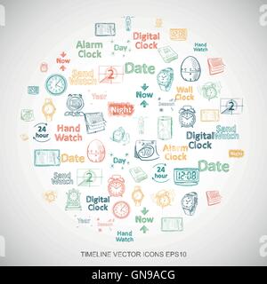 Time Multicolor doodles Hand Drawing Time Icons set on White. EPS10 vector illustration. Stock Vector