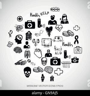 Healthcare Black doodles Hand Drawn Medicine Icons set on White. EPS10 vector illustration. Stock Vector