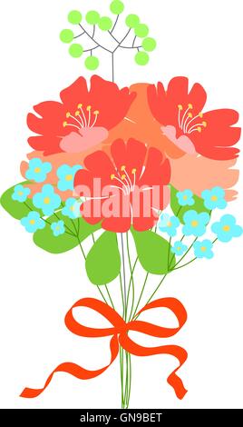 Beautiful gift, flower bouquet. Wedding invitation or greeting card. Cute doodle style. Fantasy bouquet. Red, orange, turquoise. Stock Vector