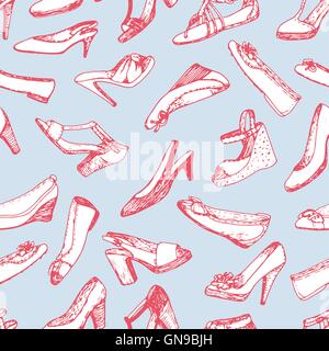 Seamless pattern of shoes set. Sketch, doodle graphic. Shopping vector illustration. Stock Vector