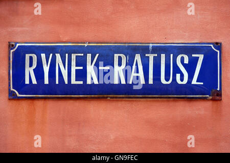 Street sign of Rynek Ratusz on Market Square in the Old Town of Wroclaw in Poland. Stock Photo