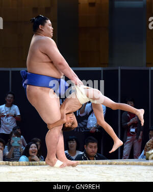 Tokyo, Japan. 28th Aug, 2016. A youngster tackles with all his might a Goliath-like sumo wrestlers during a promotional event at a commercial complex next to Tokyo central station on Sunday, August 28, 2016. A full lineup of top division sumo wrestlers participated in the event aiming at introducing the culture of sumo wrestling to foreign visitors. Credit:  Natsuki Sakai/AFLO/Alamy Live News Stock Photo