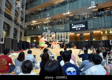 Tokyo, Japan. 28th Aug, 2016. Grand champion sumo wrestler Harumafuji performs ceremonial ring entry during a promotional event at a commercial complex next to Tokyo central station on Sunday, August 28, 2016. A full lineup of top division sumo wrestlers participated in the event aiming at introducing the culture of sumo wrestling to foreign visitors. Credit:  Natsuki Sakai/AFLO/Alamy Live News Stock Photo