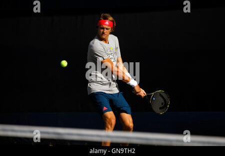 New York, United States. 28th Aug, 2016. 19 year old Alexander Zverev of Germany during a practice session Sunday, August 28th, at the National Tennis Center in Flushing Meadows, New York. He was practicing for the U.S. Open Tennis Championships which begin on Monday, August 29th. Credit:  Adam Stoltman/Alamy Live News