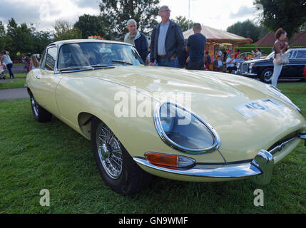 Ormskirk, UK. 28th Aug, 2016. A wide variety of classic and vintage cars and motorbikes were on show at MotorFest in Ormskirk, England on Sunday, August 28th, 2016. Cars included Jaguars, Ferraris, bubble cars and stock cars. There was even a DeLorean. Photo shows an E-Type Jaguar. Credit:  Pak Hung Chan/Alamy Live News Stock Photo