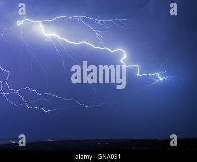Weimar, Germany. 28th Aug, 2016. A thunderstorm produces lightning over Weimar, Germany, 28 August 2016. Photo: Martin Schutt/dpa/Alamy Live News Stock Photo