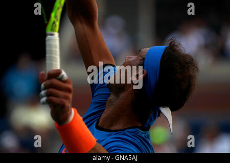 New York, United States. 29th Aug, 2016. Spain's Rafael Nadal serving during his first round match against Denis Istomin of Uzbekistan in the first round of the U.S. Open Tennis Championships at Flushing Meadows, New York on Monday, August 29th. Credit:  Adam Stoltman/Alamy Live News Stock Photo