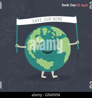 Earth Day Poster. Earth Cartoon Illustration. On dark grunge tex Stock Vector