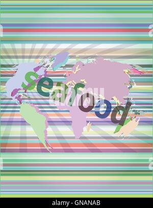 seafood word on a virtual digital background vector illustration Stock Vector