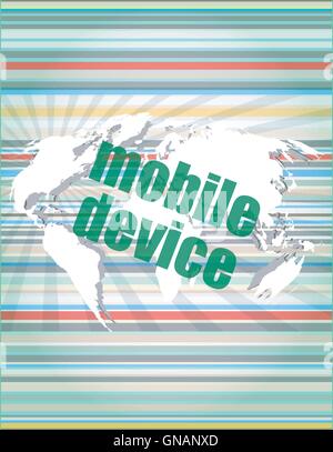 word mobile devices on digital screen 3d vector quotation marks with thin line speech bubble. concept of citation, info, testimo Stock Vector