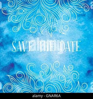 Blue Vector Watercolor Card with Swirl Ornament Stock Vector