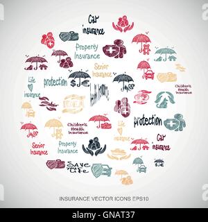 Multicolor doodles Hand Drawn Insurance Icons set on White. EPS10 vector illustration. Stock Vector