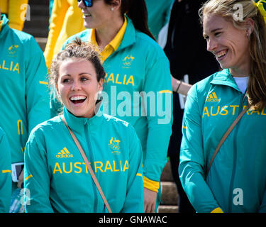 Sydney, Australia. 29th Aug, 2016. Australian shooter and Gold medal pentathlon competitor Chloe Esposito (L) and Australian World Champion rower and Olympic Gold Medal holder Kimberley 'Kim' Brennan pictured during the welcomed home ceremony on the forecourt of Sydney Opera House. Credit:  Hugh Peterswald/Pacific Press/Alamy Live News Stock Photo