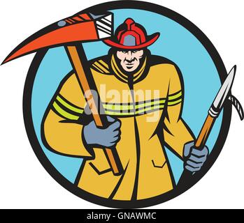 Fireman Firefighter Fire Axe Hook Circle Retro Stock Vector