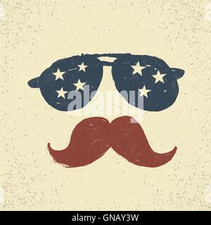Sunglasses with stars and moustache. Tee print design Stock Vector