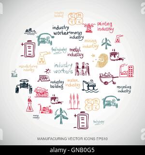 Industry Multicolor doodles Hand Drawn Industry Icons set on White. EPS10 vector illustration. Stock Vector