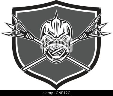 Skull Dolphin Fish Crossed Spears Crest Retro Stock Vector